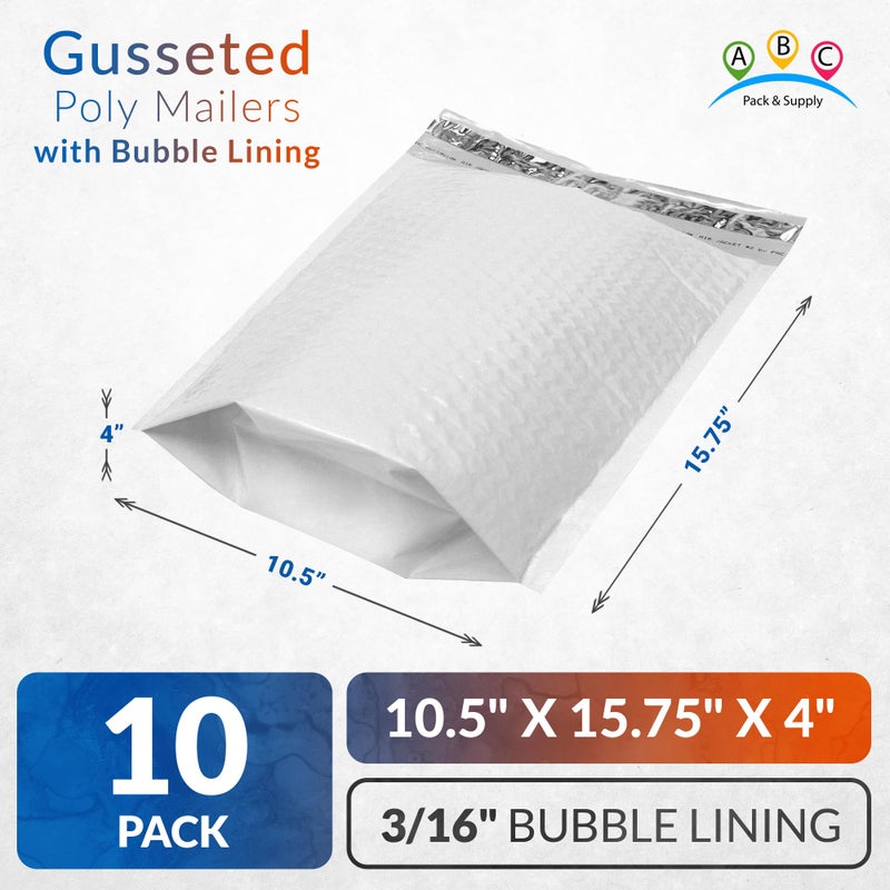 ABC PACK & SUPPLY White Gusseted Bubble Mailers, 10.5 x 15.75 x 4 Inch. Pack of 10 Expandable Envelopes. Padded Shipping Envelopes. Waterproof Bubble Bags for Shipping. Poly Bubble Mailers Self Seal - Image 2